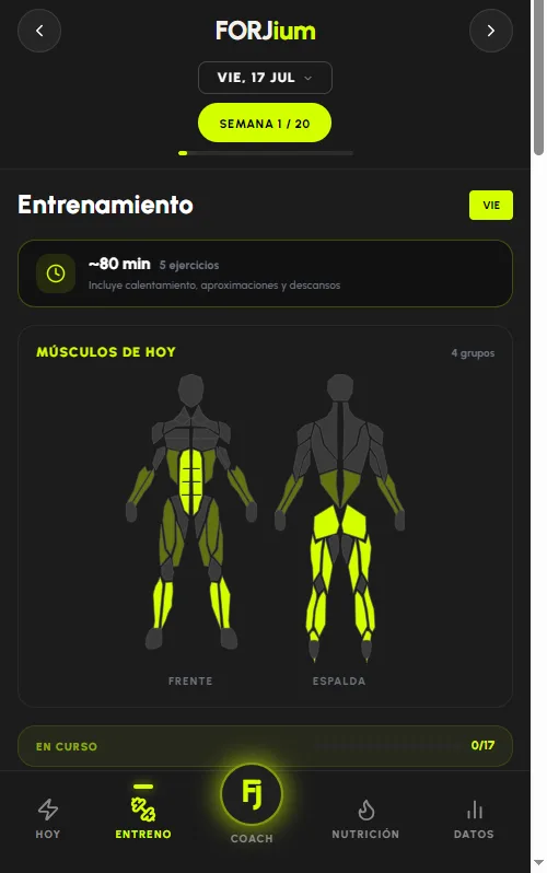 Pantalla real de Forjium: entrenamiento del día con mapa muscular y cardio zona 2