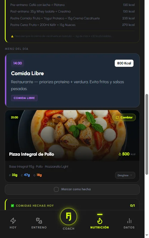 Pantalla real de Forjium: menú del día con platos, kcal y macros por comida