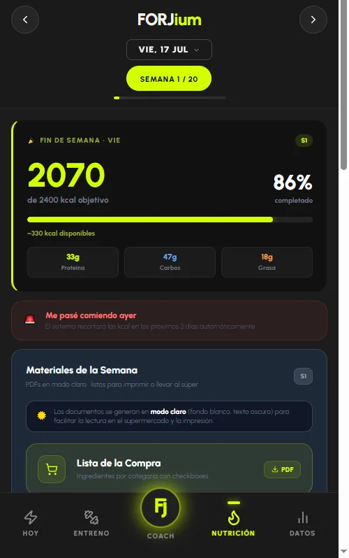Pantalla real de Forjium: 2.070 de 2.400 kcal y macros del día