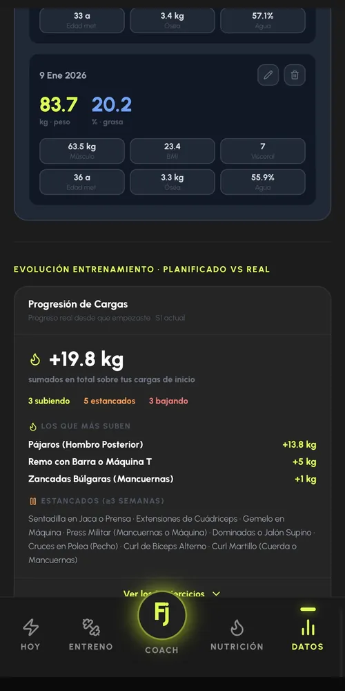 Pantalla real de Forjium: progresión de cargas con los kilos sumados sobre las cargas de inicio