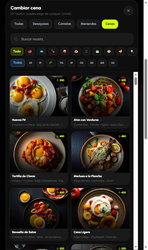 Pantalla real de Forjium: recetario con 137 recetas con foto, filtros y kcal